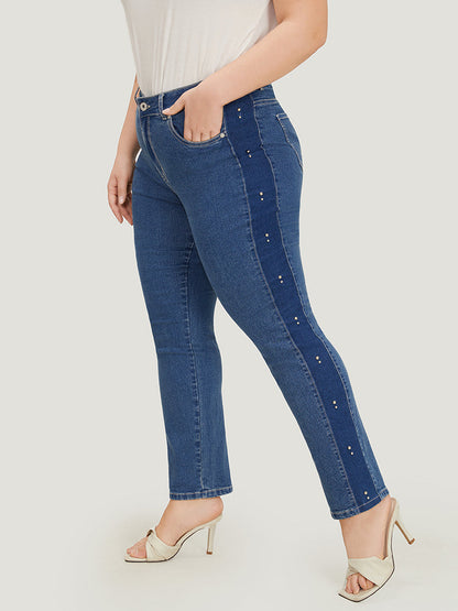 Pearl Beaded Patchwork Medium Wash Jeans
