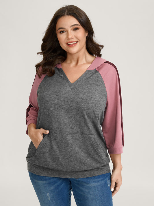 Color Contrast Spliced Stretchy Hem Hoodie