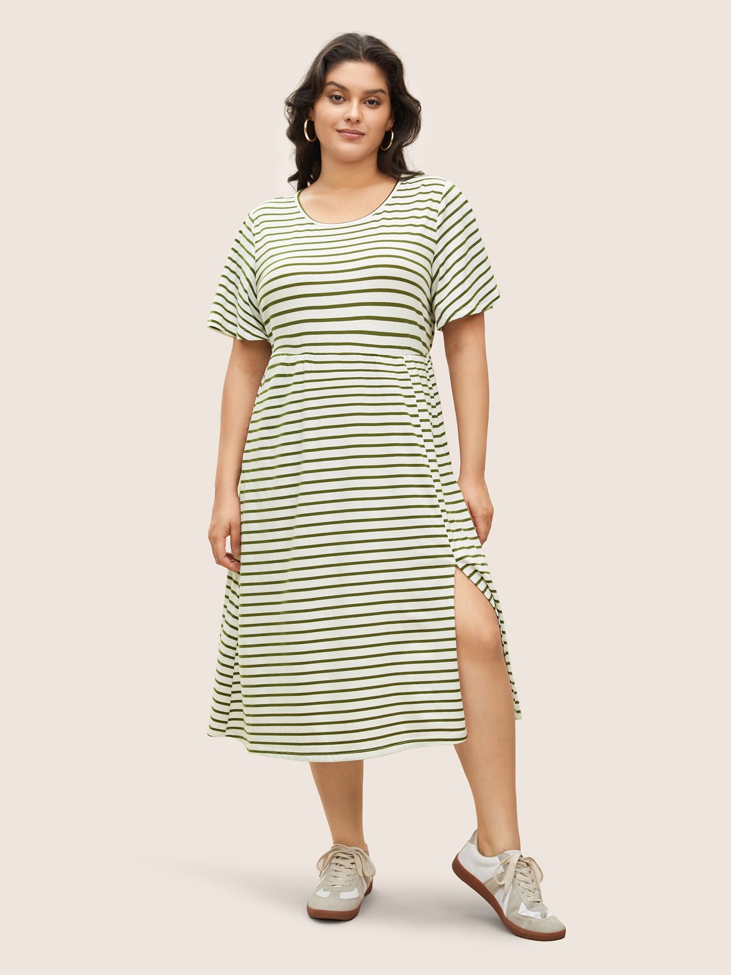 Stripes Round Neck Split Side Pocket Dress