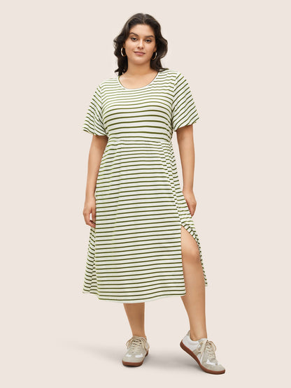 Stripes Round Neck Split Side Pocket Dress