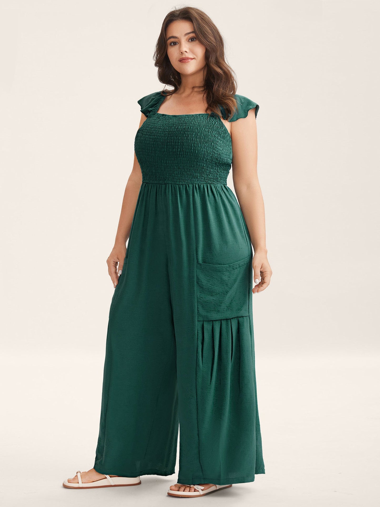 Shirred Ruffles Pockets Plain Jumpsuit