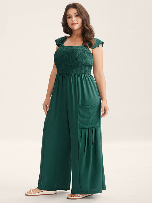 Shirred Ruffles Pockets Plain Jumpsuit