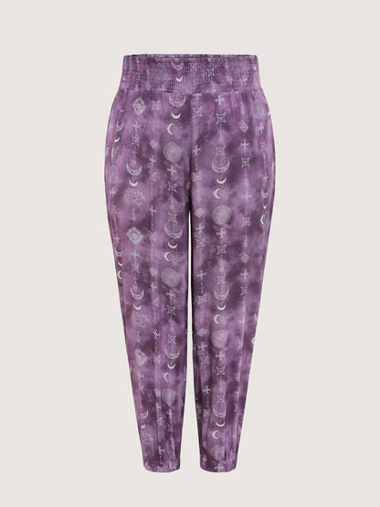 Starry Print Shirred Wide Waistband Pants