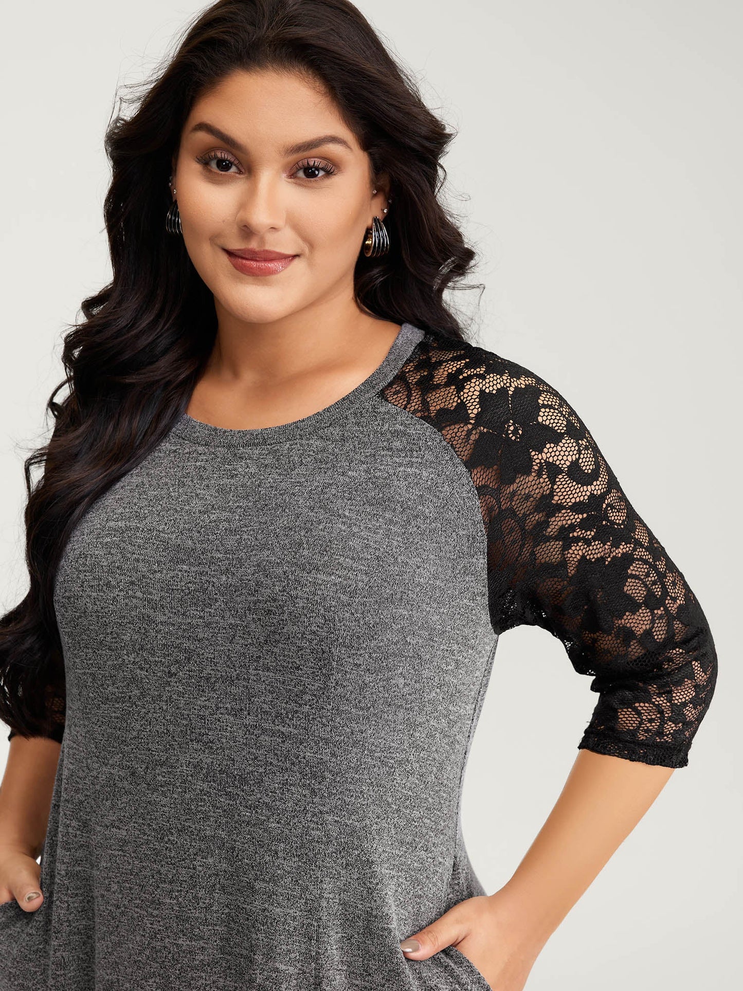 Supersoft Lace Sleeve Cinched-Waist Midi Dress