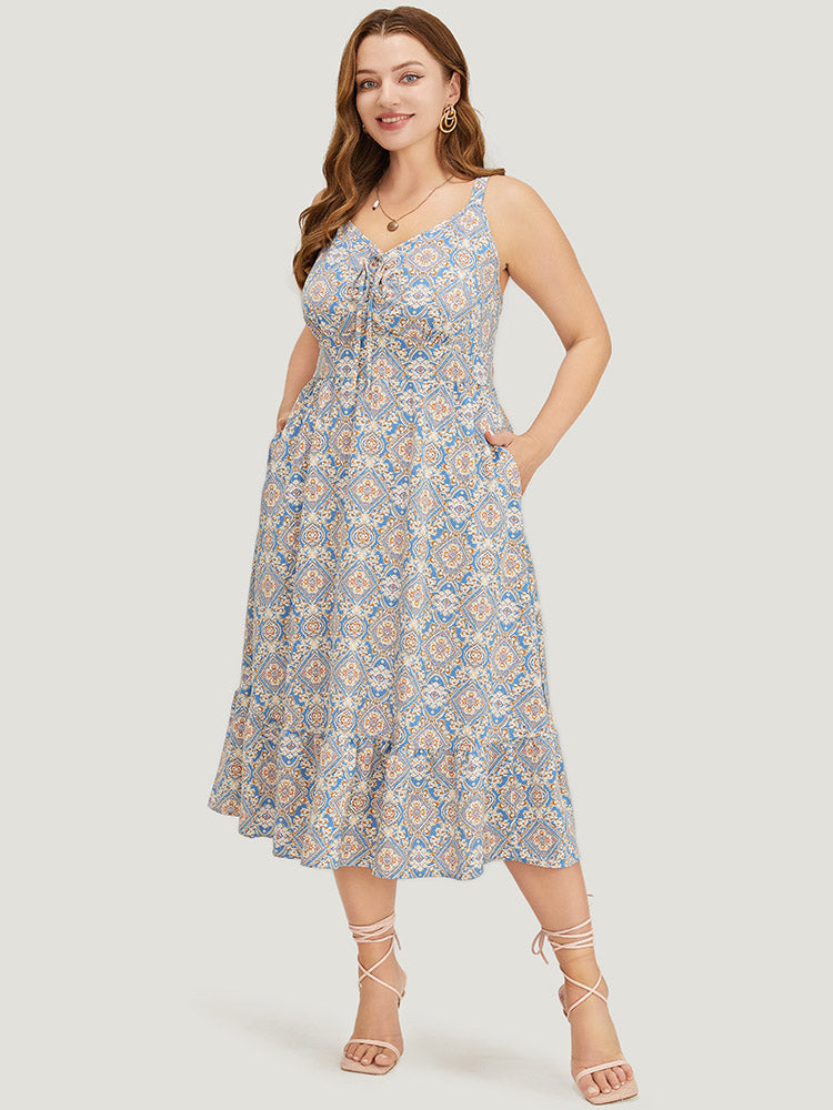 Bandana Knotted Pocket Ruffle Hem Empire Waist Cami Dress