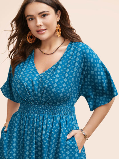 Boho Print Shirred Pleated Dolman Sleeve Dress