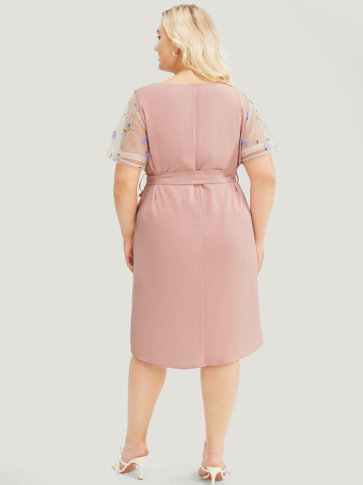 Floral Mesh Sleeve Flutter Pocket Belt Knee Dress