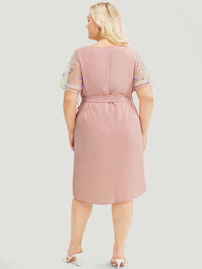 Floral Mesh Sleeve Flutter Pocket Belt Knee Dress