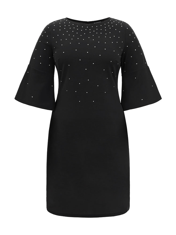 Rhinestone Curved Hem Bell Sleeve Dress