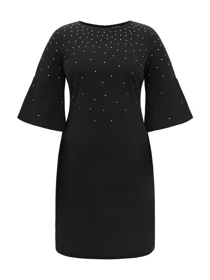 Rhinestone Curved Hem Bell Sleeve Dress