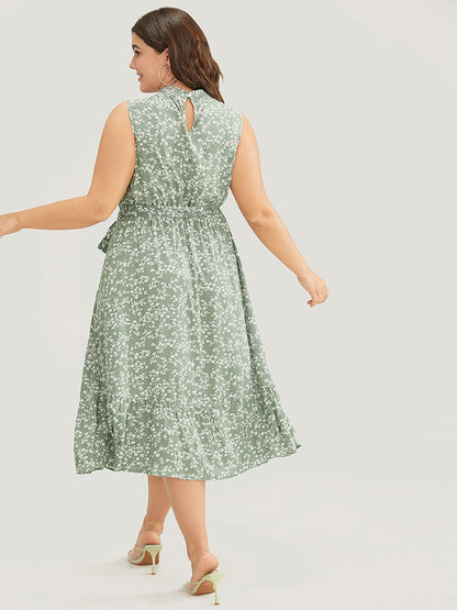 Ditsy Floral Keyhole Pocket Belted Mock Neck Ruffles Dress