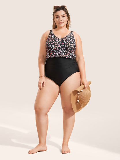 Ditsy Floral Patchwork Ruffle Trim One Piece Swimsuit