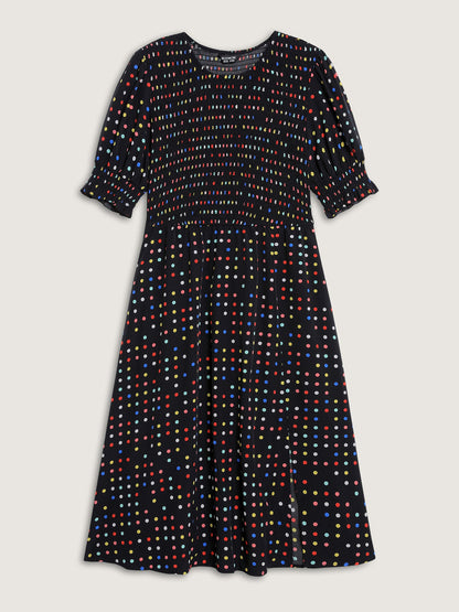 Colorful Polka Dots Shirred Bodice Midi Dress
