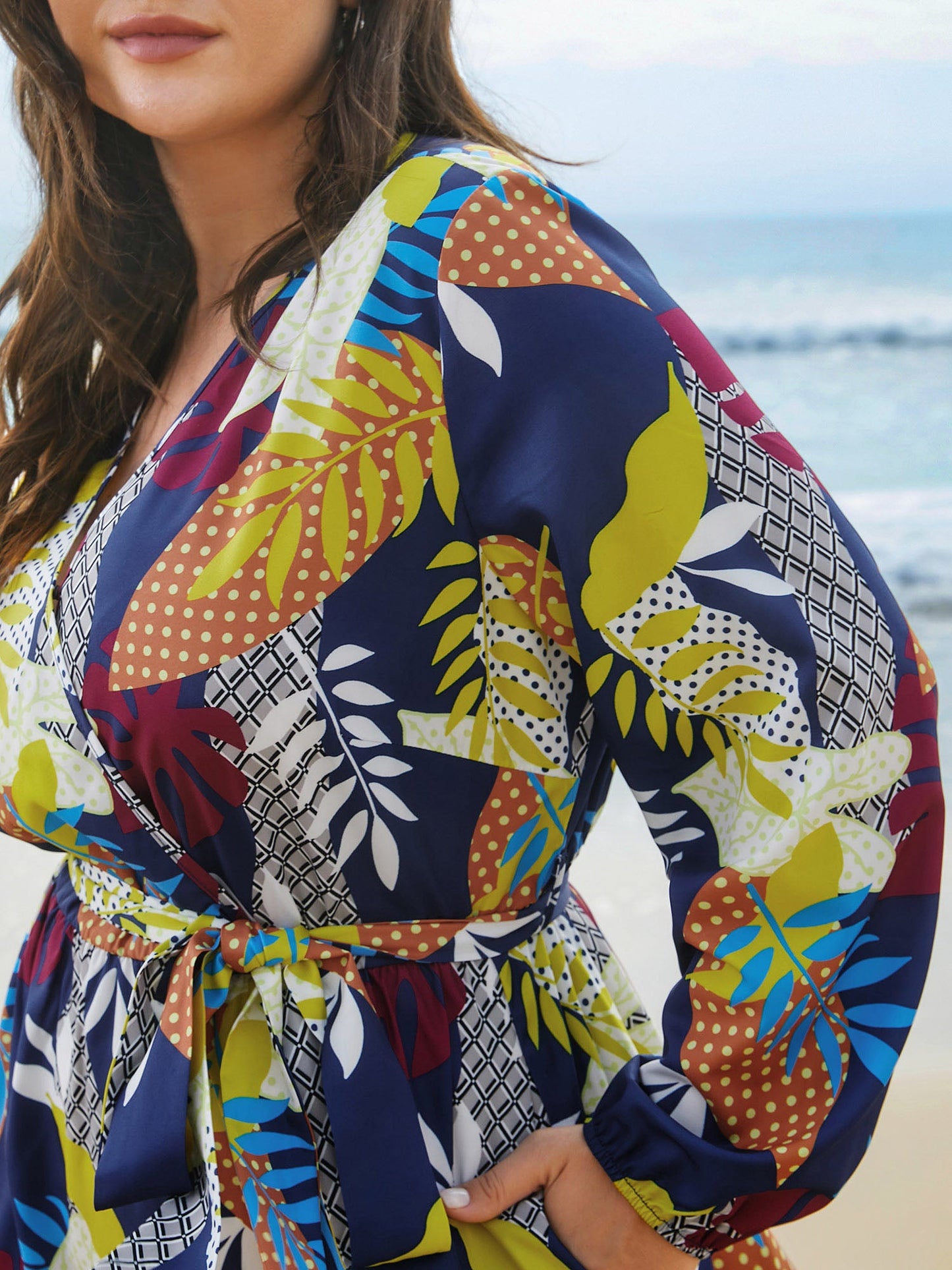Surplice Neck Tropical Leaf Pockets Midi Dress