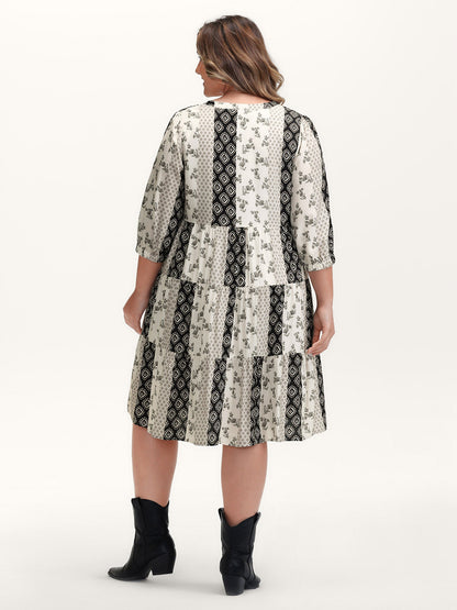 Colorblock Collage Print Tiered Midi Dress