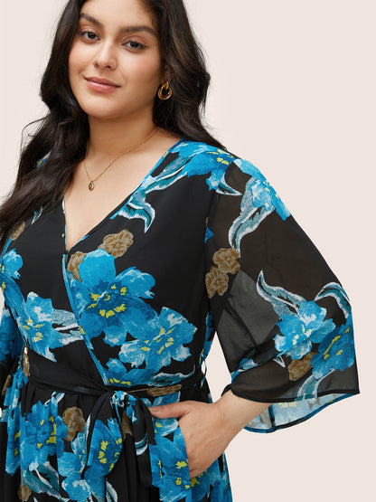 Floral Print Surplice Neck Belted Mesh Dress