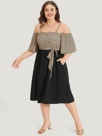 Geometric Patchwork Pocket Belted Cold Shoulder Dress