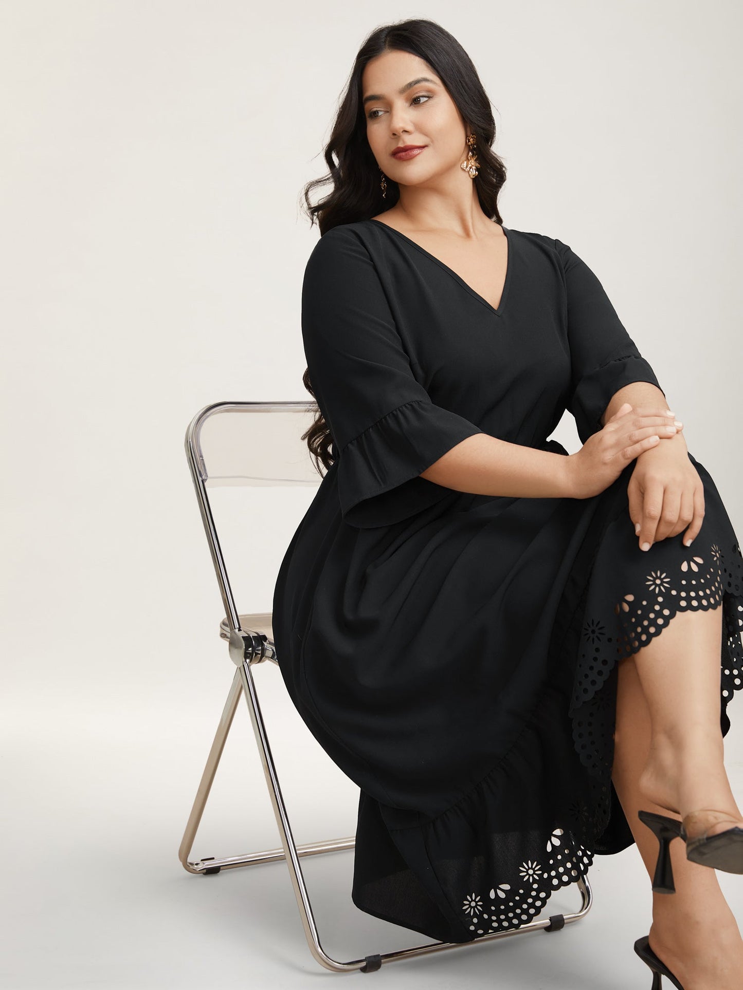 Cut-Out Waist-Defining Ruffled Midi Dress