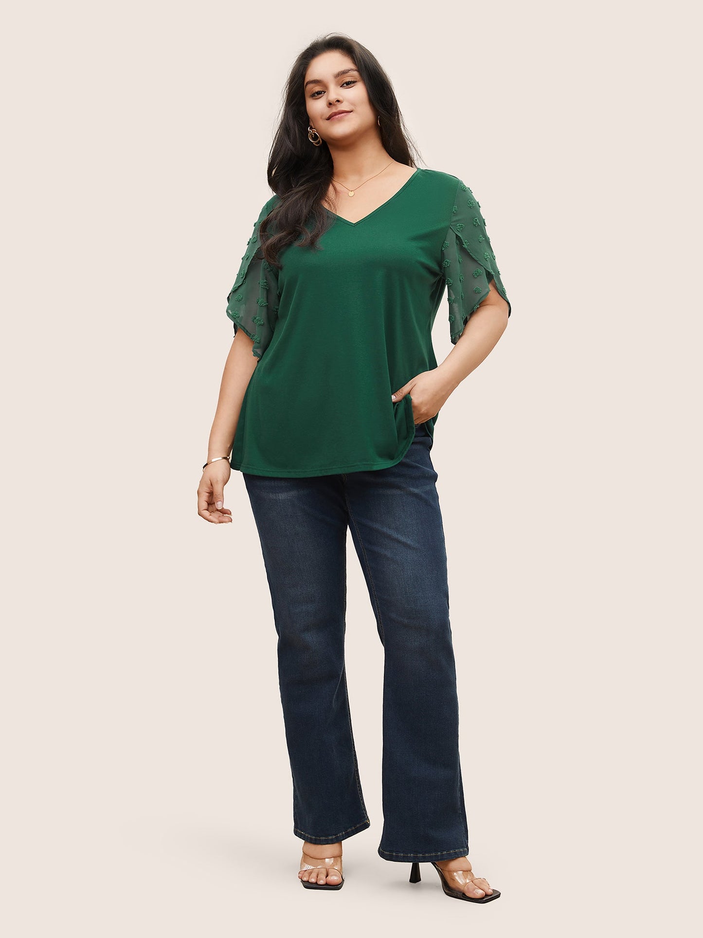 Plisse Chiffon Patchwork Petal Sleeve T-shirt