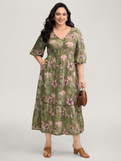 Garden Print Ruched V-Neck Maxi Dress