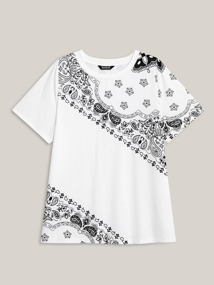 Boho Print Plain Crewneck T-Shirt