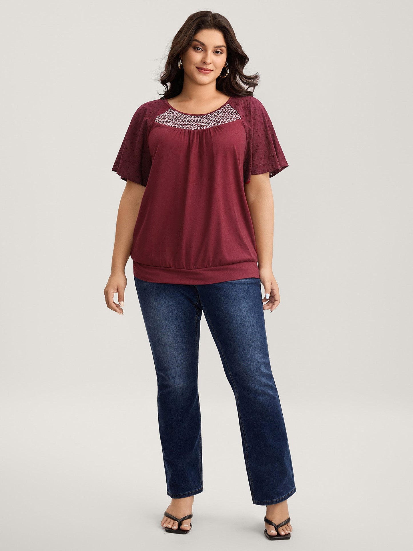 Textured Flared Sleeve Pleated Top