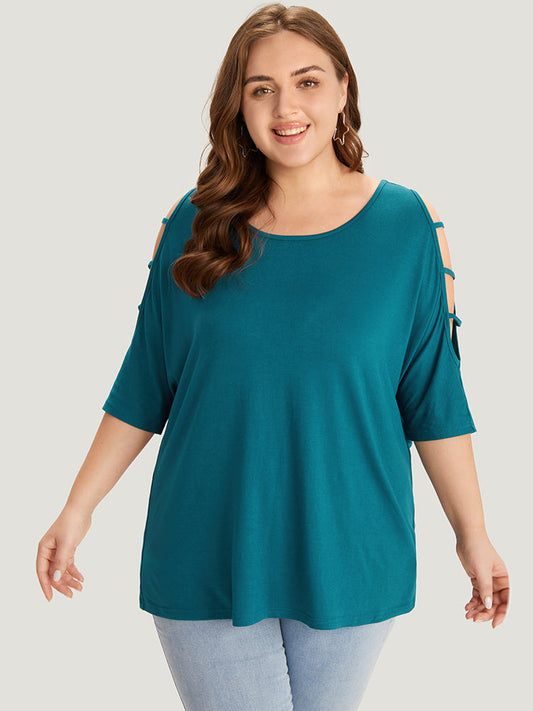 Solid Cut Out Round Neck Dolman Sleeve T-shirt