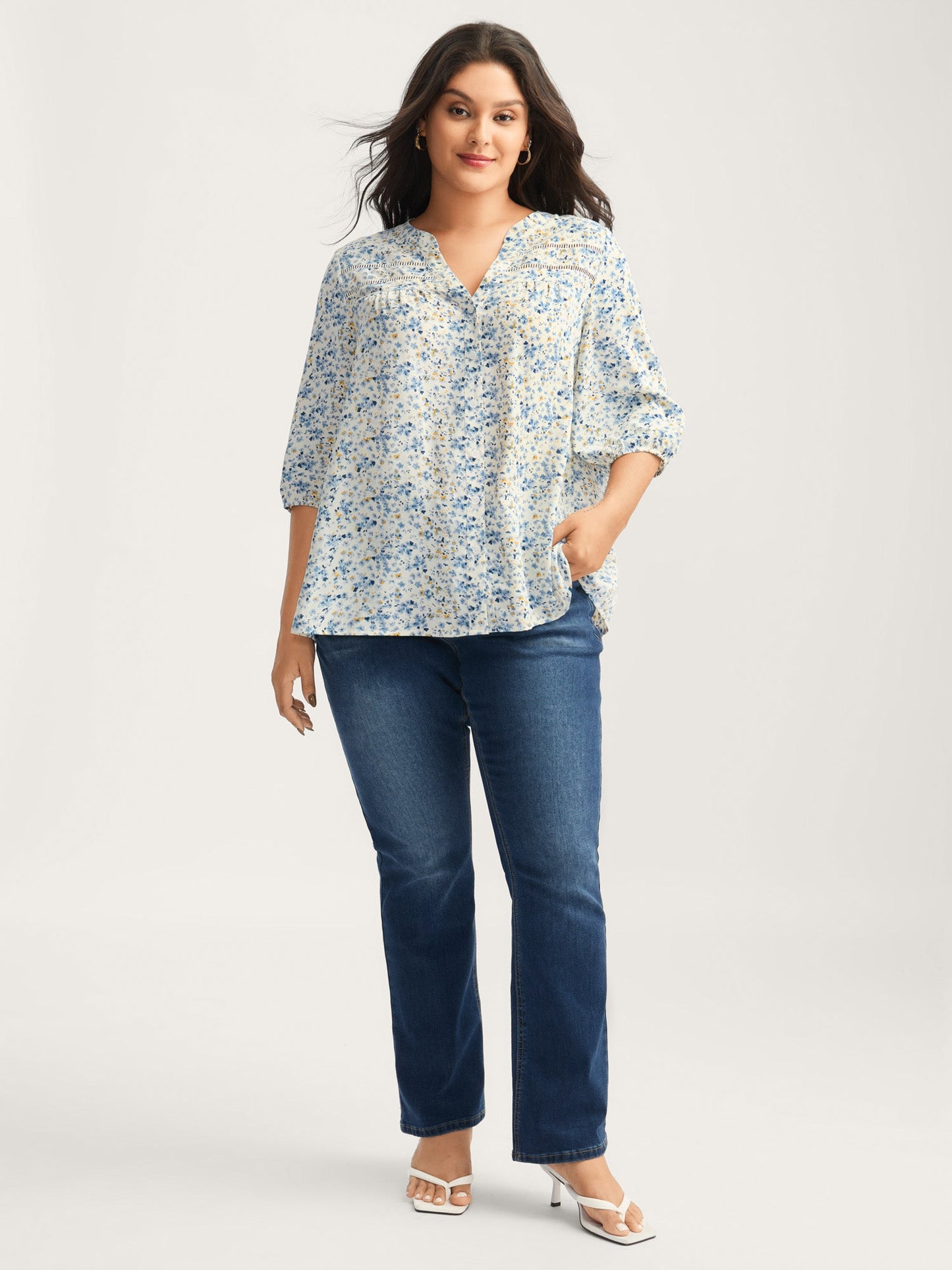 Floral Print Lace Trim Flowy Blouse