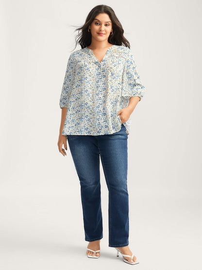 Floral Print Lace Trim Flowy Blouse