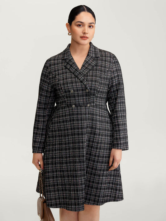Tweed Stretchy Waist Pockets Midi Dress