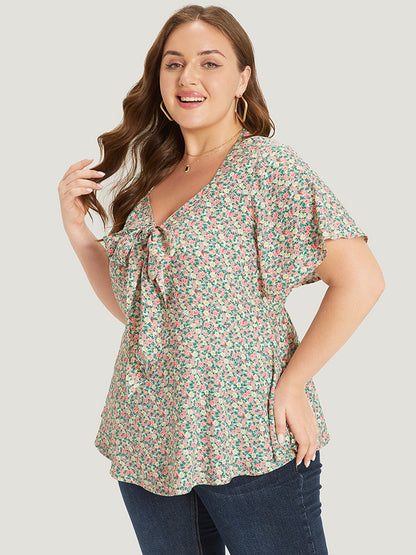 Ditsy Floral Knot V Neck Blouse