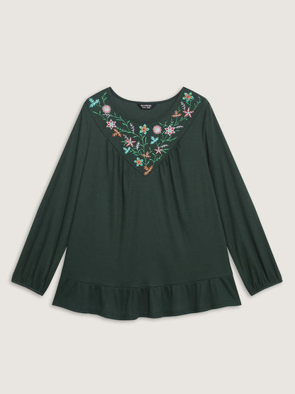 Embroidered Waffle Ruffled Hem Knit Top