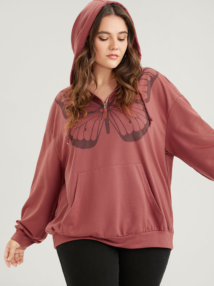 Butterfly Print Half Zipper Drawstring Hooded  Sweatshirt