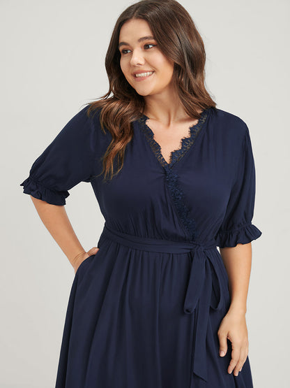 Solid Knotted Pocket Lace Trim Wrap Maxi Dress