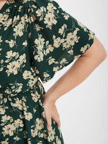 Floral Belted Button Ruffled Wrap Knee Dress