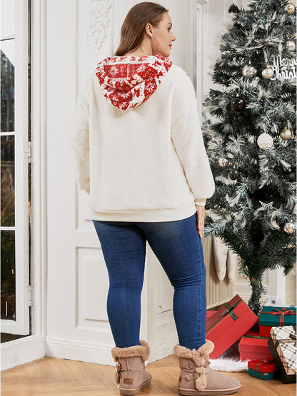 Elk & Snowflake Print Pocket Drawstring Hooded Sweatshirt