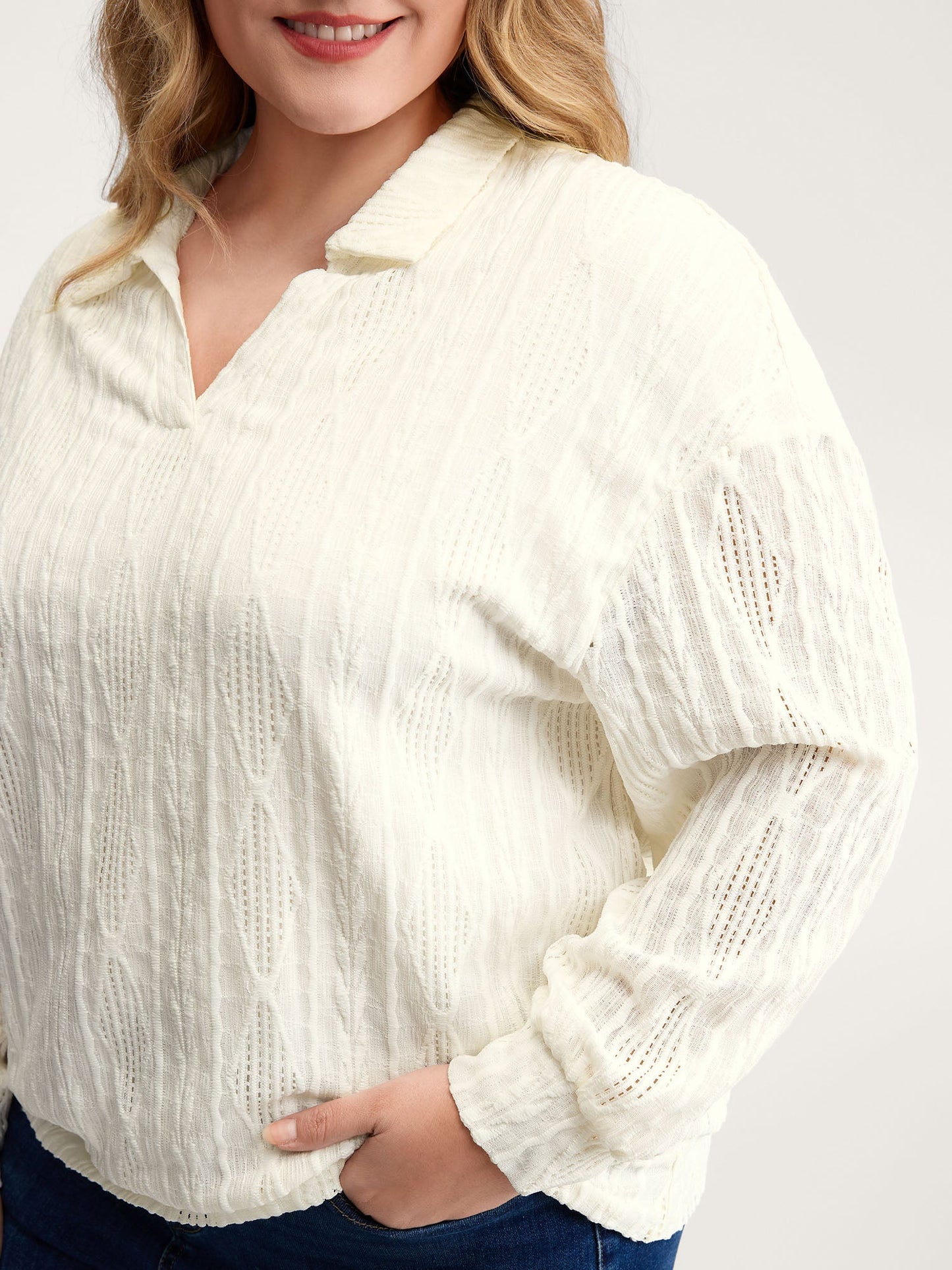 Textured Lapel Collar Stretchy Hem Sweatshirt