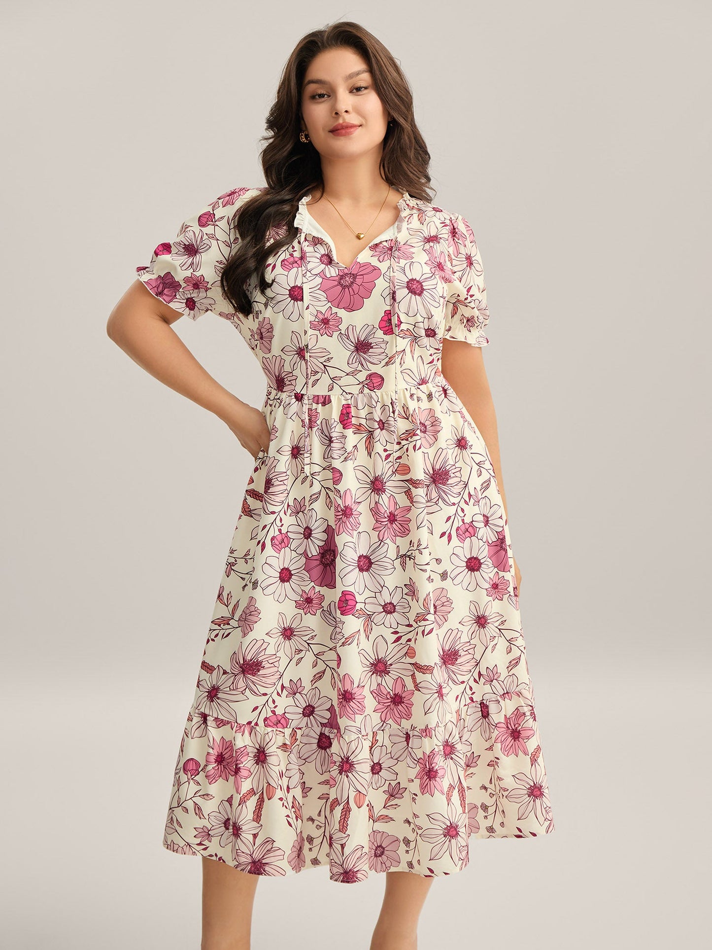 Floral Print Neck Tie Tiered Maxi Dress