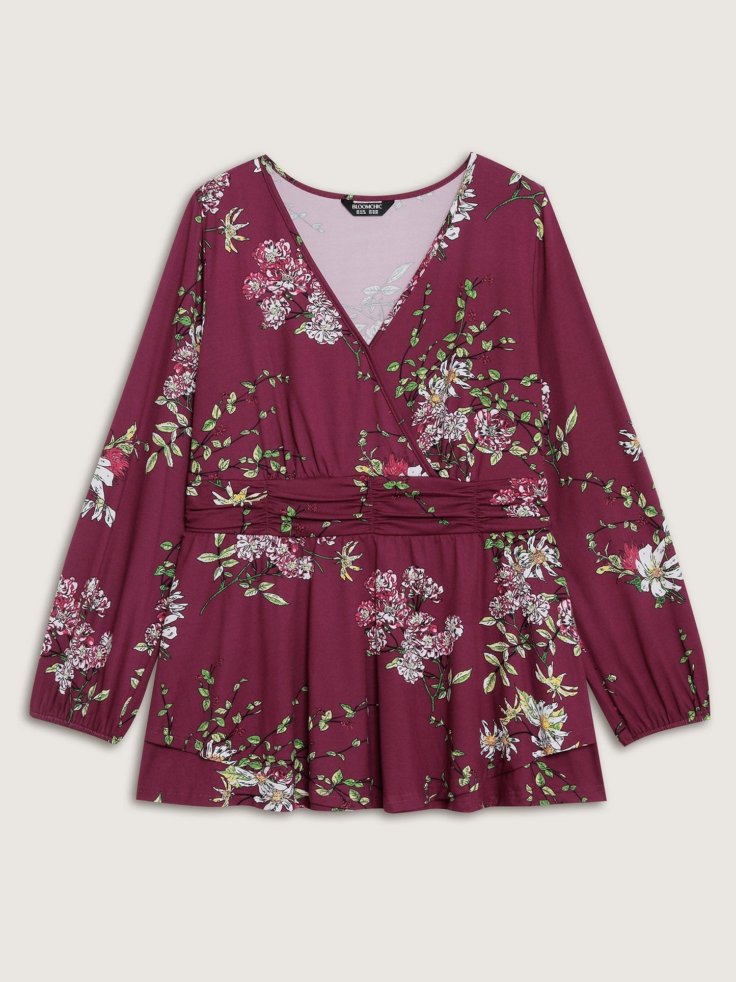 Floral Pleated Waist Stretchy Knit Top