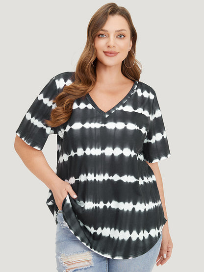 Striped Tie Dye Curved Hem T-shirt