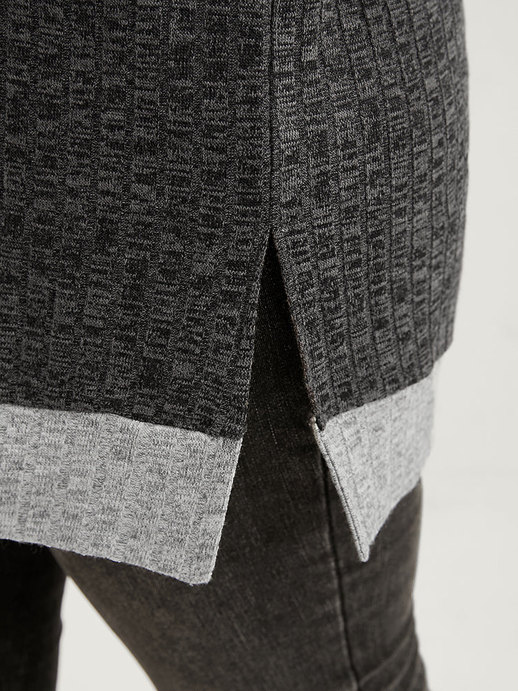 Contrast Trim Split Hem Textured V Neck Sweatshirt