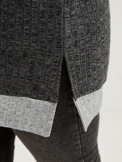 Contrast Trim Split Hem Textured V Neck Sweatshirt