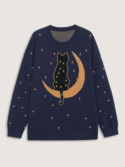 Supersoft Cat Night Print Crewneck Pullover