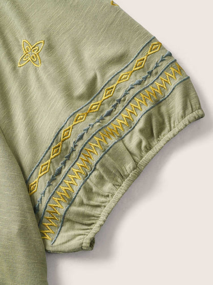 Embroidered Tie Knot Tassels Gathered T-shirt