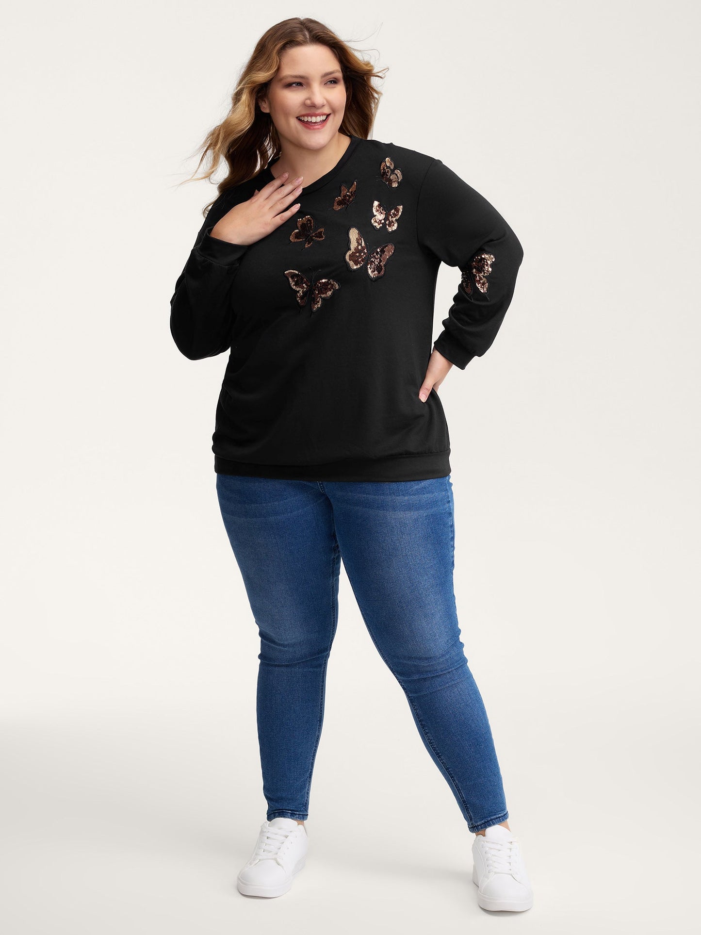 Butterfly Sequin Embroidery Relaxed-Fit Sweatshirt