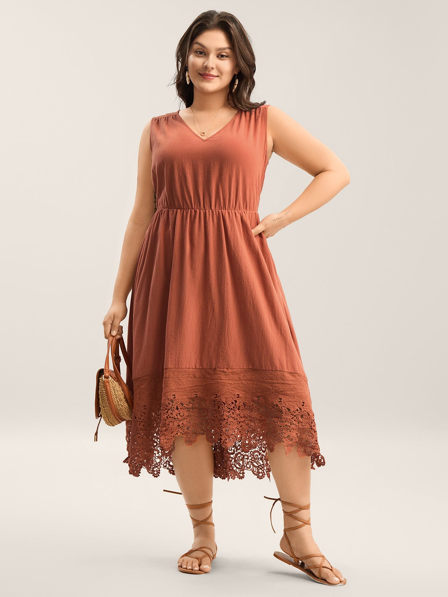 Cotton Lace Trim High Low Hem Midi Dress