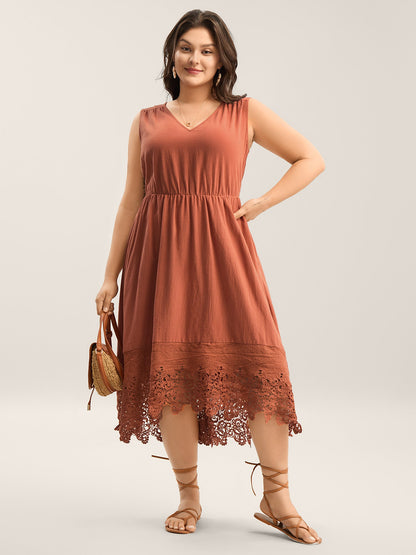 Cotton Lace Trim High Low Hem Midi Dress