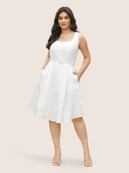 Textured Solid Pocket Square Neck Tank Dress