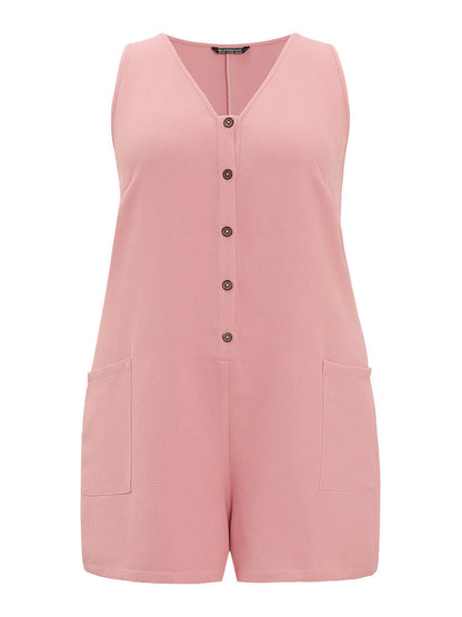 Solid Pocket Waffle Knit Button Detail Tank Romper