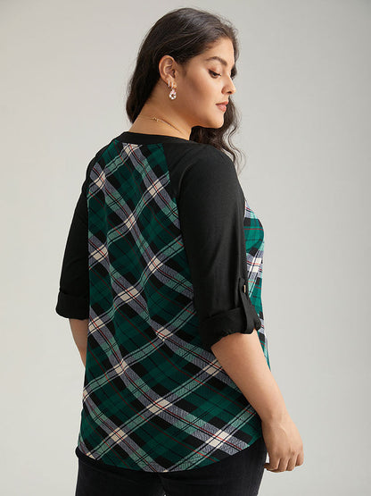 Plaid Contrast Roll Raglan Sleeve T-shirt